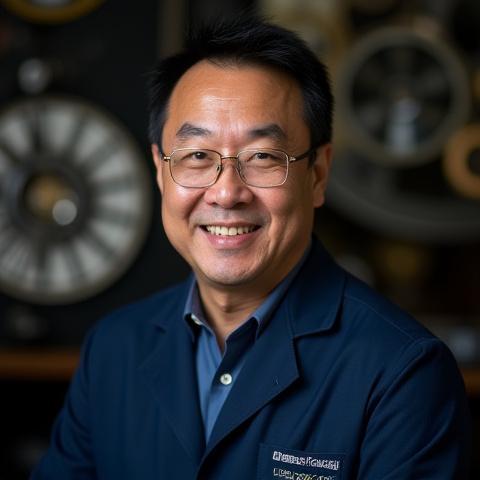 Karakuri Kikouのマスターホロロジスト、佐藤健太の肖像写真。作業服姿で笑顔を見せている。